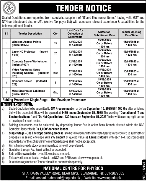 National Centre for Physics Islamabad Tender Notice